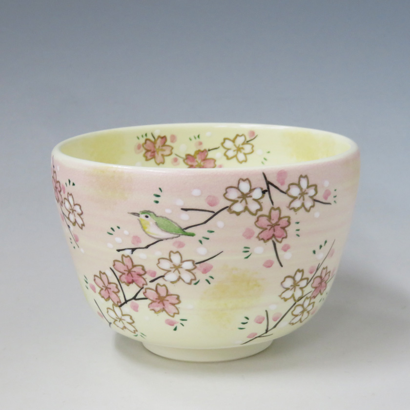 茶道具 抹茶茶碗（まっちゃちゃわん） 茶碗 色絵 河津桜にメジロ 八木 