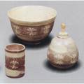 茶道具陶器三点セット(茶碗・振出・茶巾筒)紫三島刷毛目陶楽