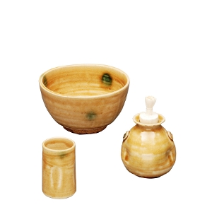 茶道具陶器三点セット(茶碗・振出・茶巾筒)黄瀬戸鉄山