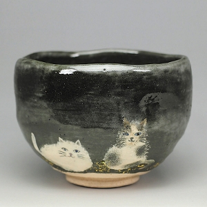 茶道具 抹茶茶碗（まっちゃちゃわん） 黒釉 猫の絵 茶碗 吉村 楽入