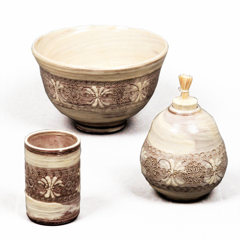 茶道具 三点セット（茶碗・振出・茶巾筒） 陶器 三点セット 紫三島 