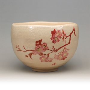 茶道具 楽茶碗（らくちゃわん） 白楽 桜の絵 茶碗 吉村 楽入