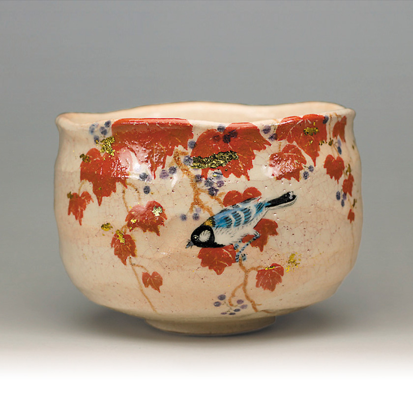茶道具 抹茶茶碗（まっちゃちゃわん） 野葡萄に鳥の絵 茶碗 吉村 楽入