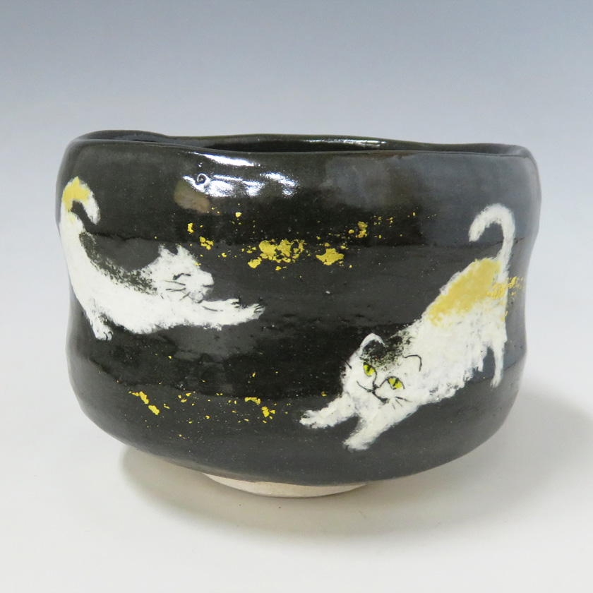 茶道具 抹茶茶碗（まっちゃちゃわん） 黒釉 猫の絵 吉村 楽入｜茶道具
