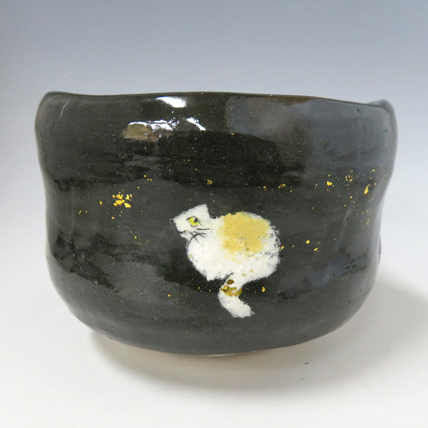 茶道具 抹茶茶碗（まっちゃちゃわん） 黒釉 猫の絵 吉村 楽入｜茶道具