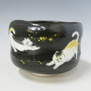 茶道具 抹茶茶碗（まっちゃちゃわん） 黒釉 猫の絵 吉村 楽入