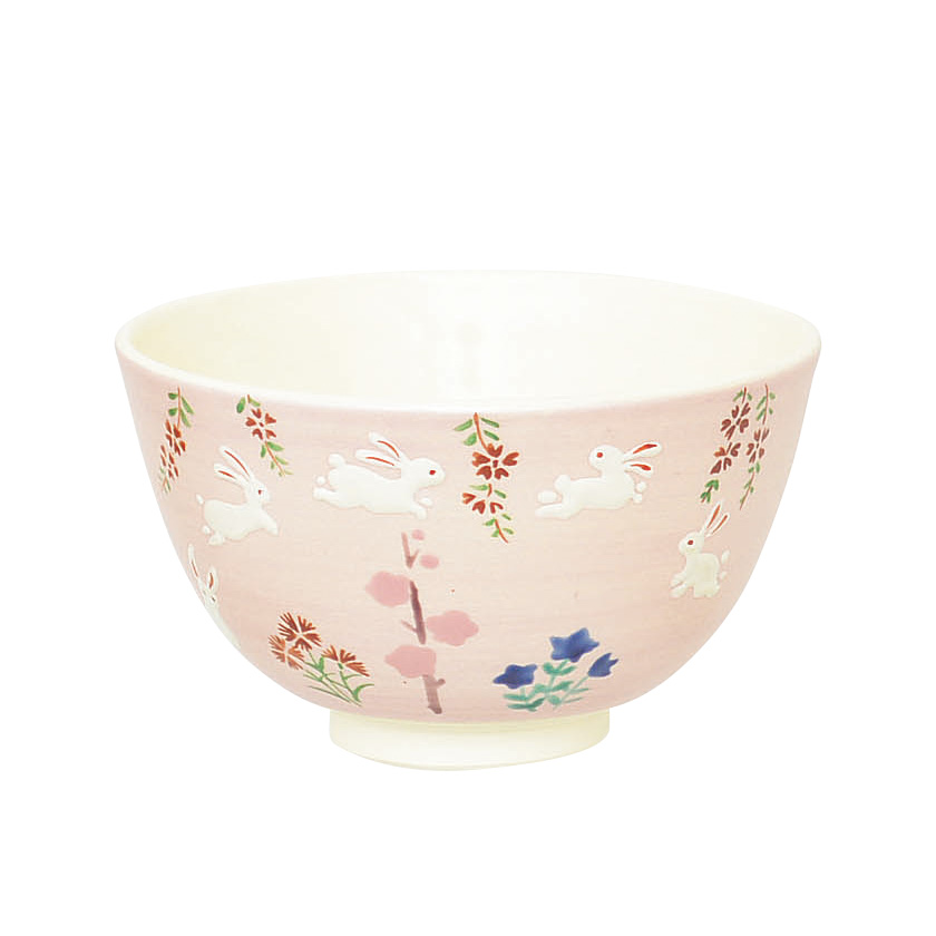 茶道具 抹茶茶碗（まっちゃちゃわん） 茶碗 銀ピンク地 うさぎ四季草花 